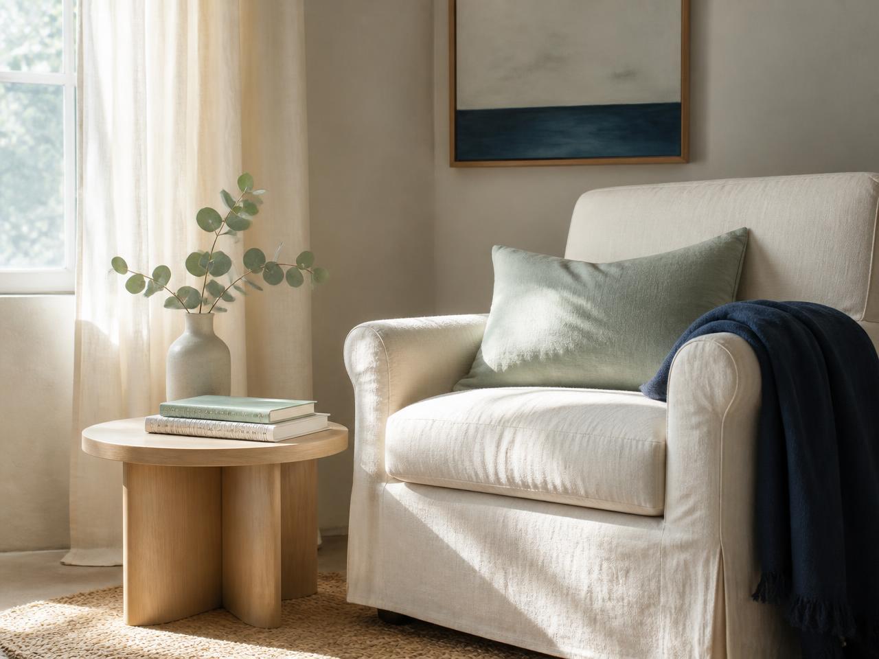 A sunlit corner of a room with a linen armchair, stacked books, and a sprig of eucalyptus