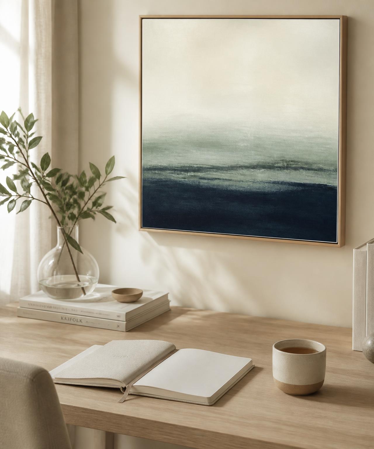 A calm desk in soft natural light with an open notebook, a cup of tea, and muted abstract artwork